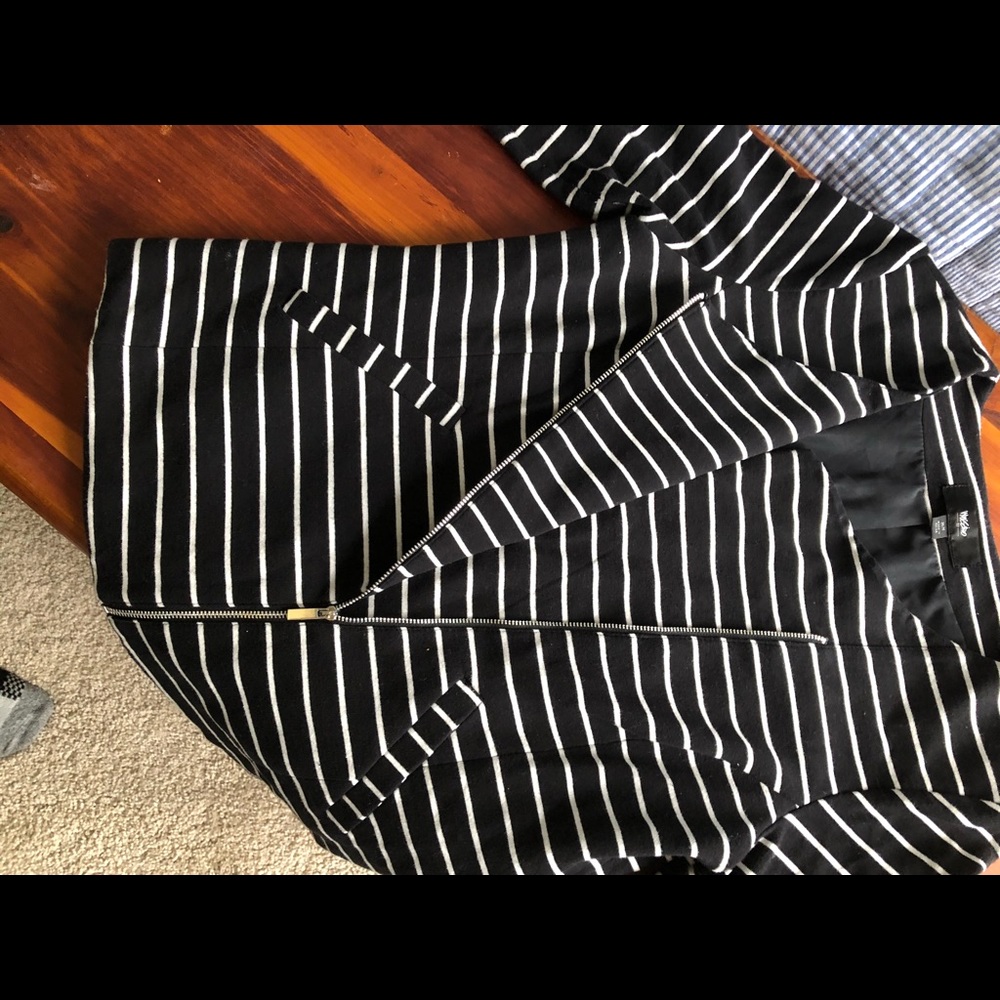 Black white stripe knit moto jacket, asym zip.